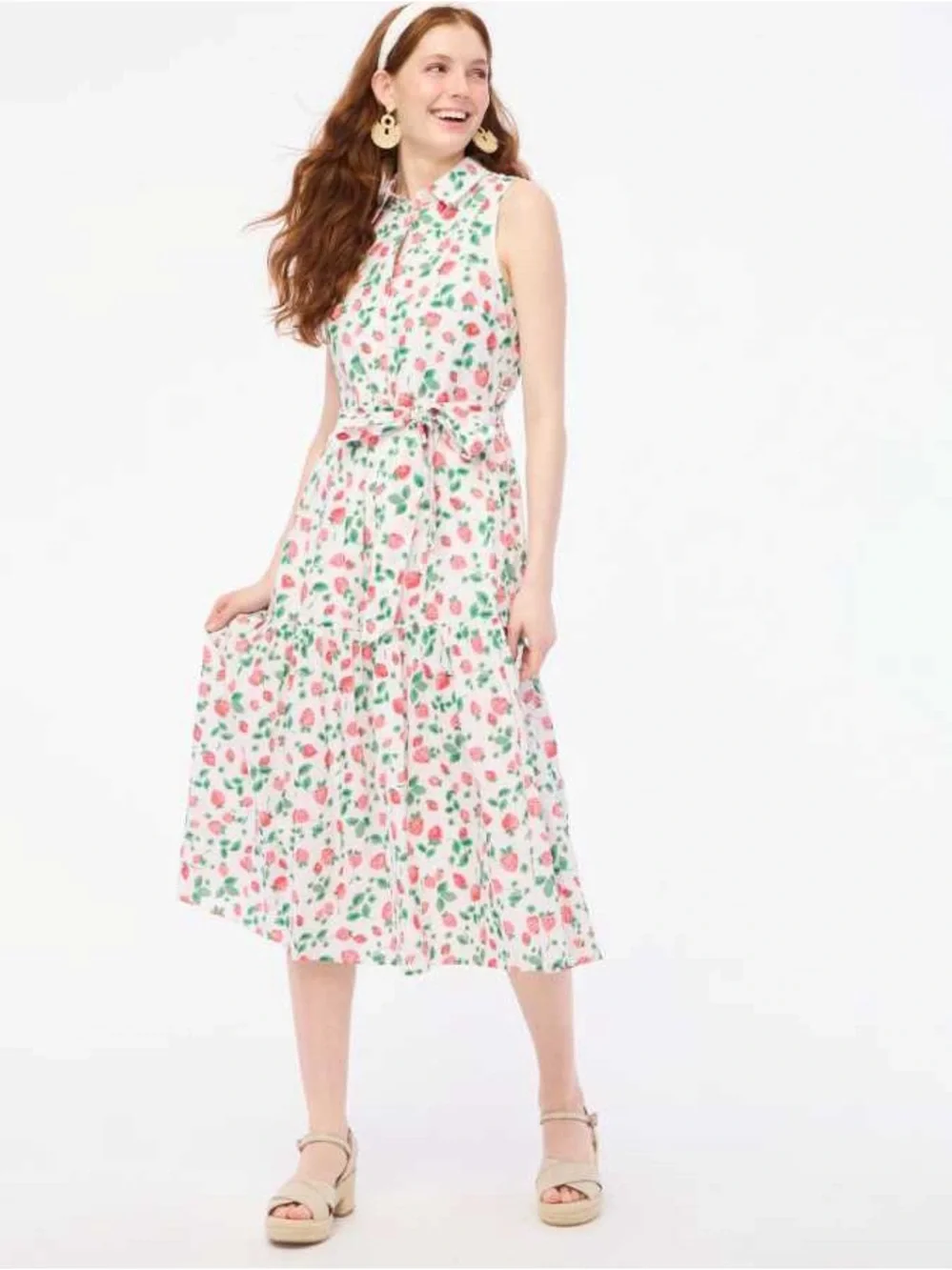 J. Crew Strawberry Print Sleeveless Floral Tie-Waist Midi Dress size00